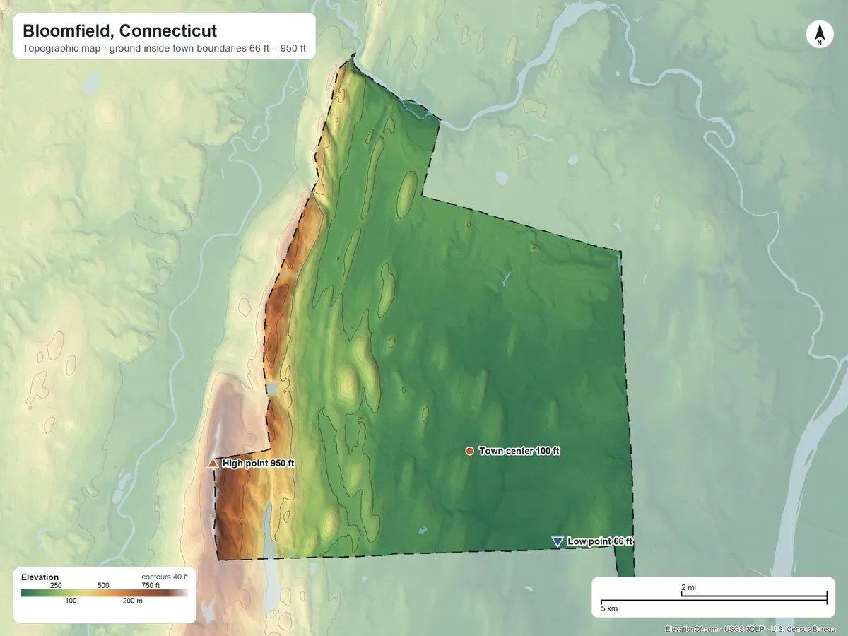 Topographic elevation map of Bloomfield, Connecticut, shaded from 66 ft on the southeast side to 950 ft on Talcott Mountain