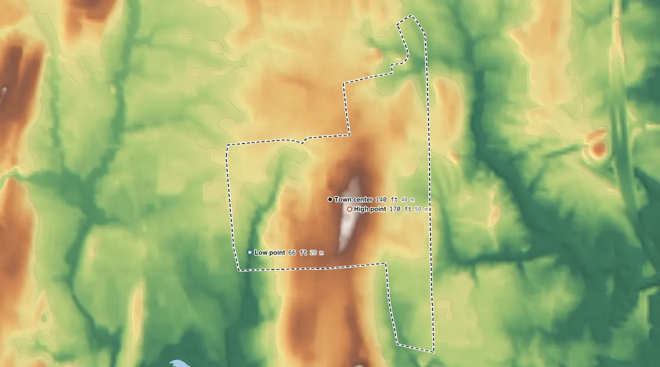 Topographic elevation map of Blue Hills, Connecticut, shaded from 66 ft on the southwest side to 170 ft near the middle