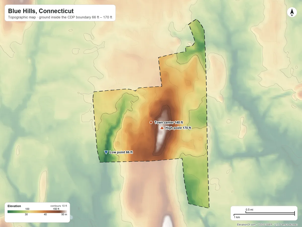 Topographic elevation map of Blue Hills, Connecticut, shaded from 66 ft on the southwest side to 170 ft near the middle