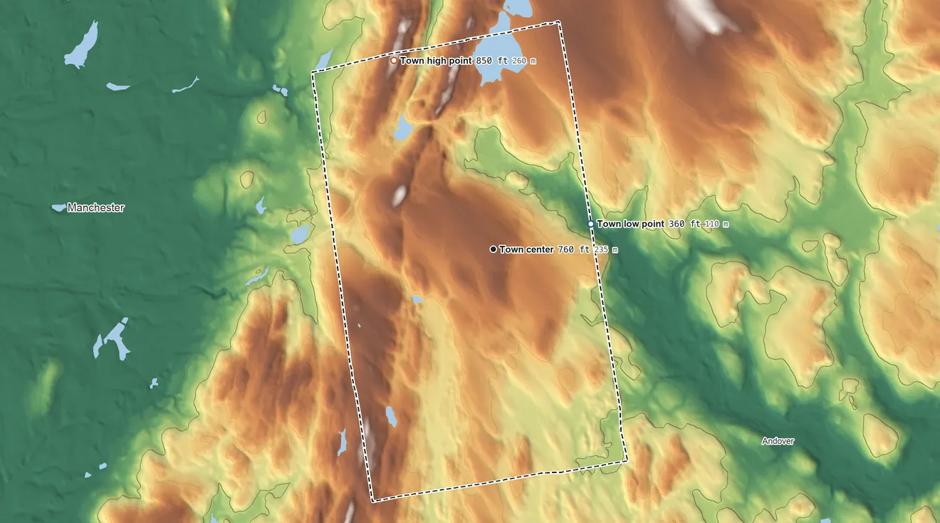 Topographic elevation map of Bolton, Connecticut, shaded from 360 ft on the east side to 854 ft on Box Hill