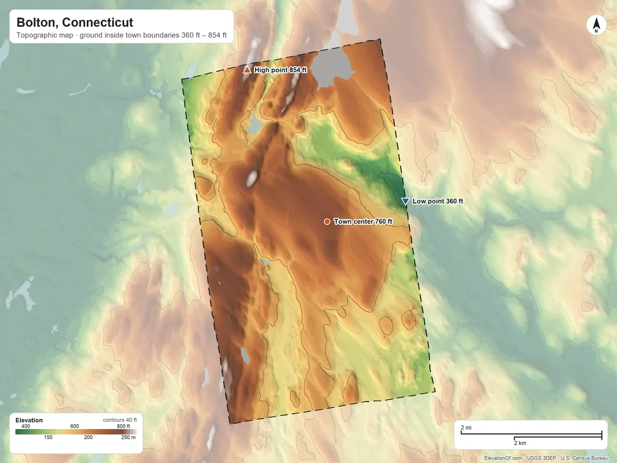 Topographic elevation map of Bolton, Connecticut, shaded from 360 ft on the east side to 854 ft on Box Hill