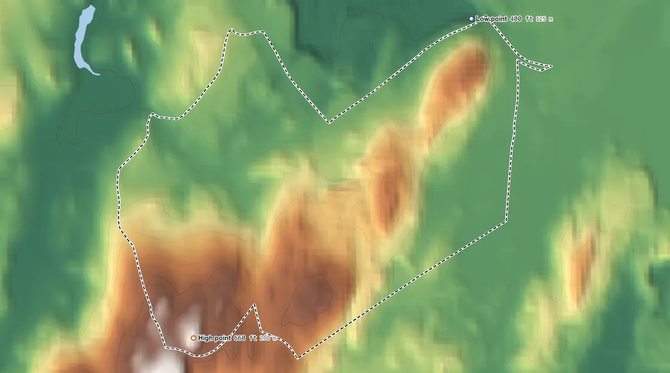 Topographic elevation map of Botsford, Connecticut, shaded from 400 ft on the northeast side to 660 ft on the southwest side
