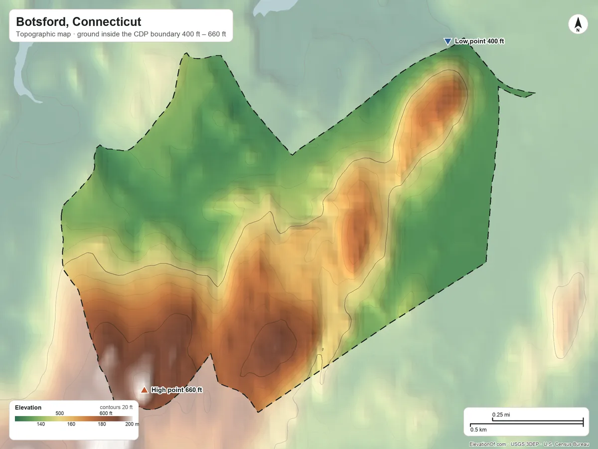 Topographic elevation map of Botsford, Connecticut, shaded from 400 ft on the northeast side to 660 ft on the southwest side