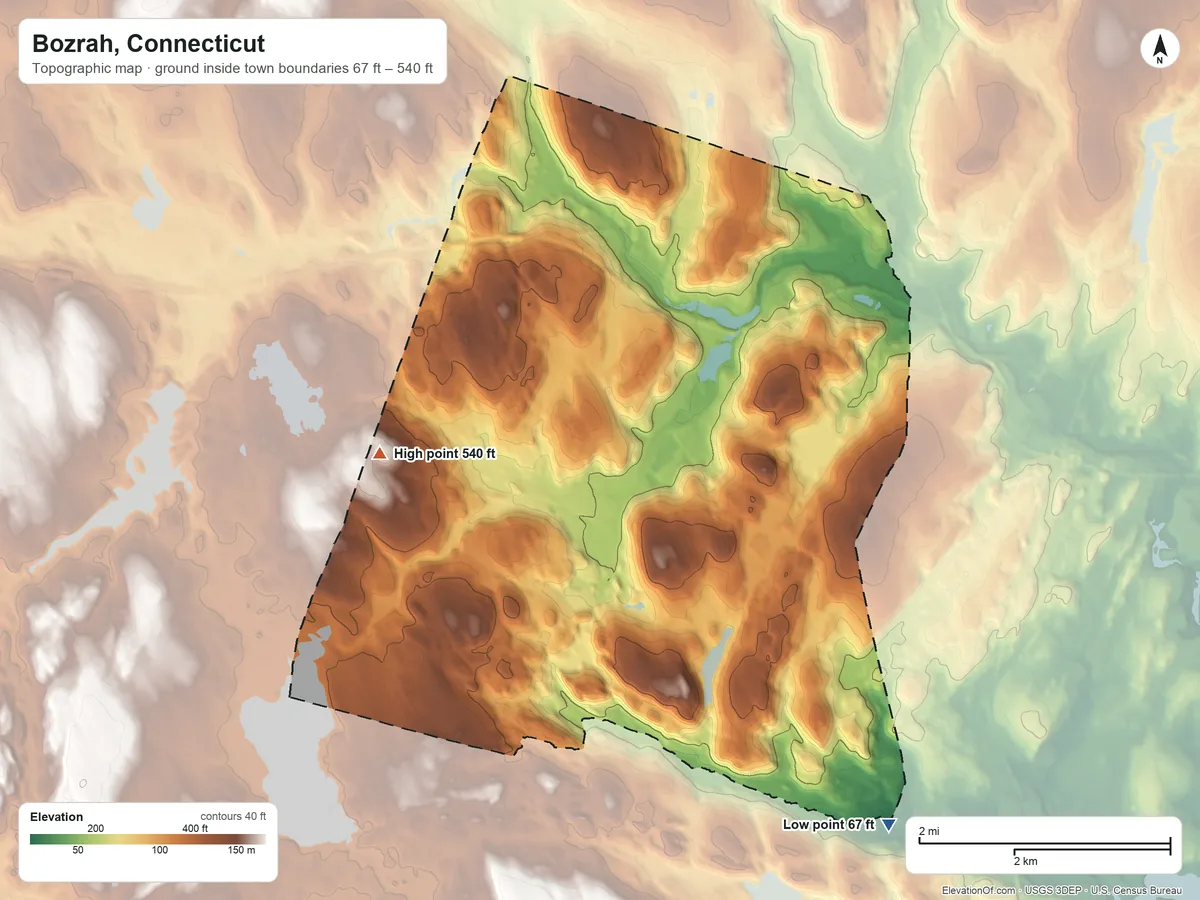 Topographic elevation map of Bozrah, Connecticut, shaded from 67 ft on the southeast side to 540 ft on Scott Hill