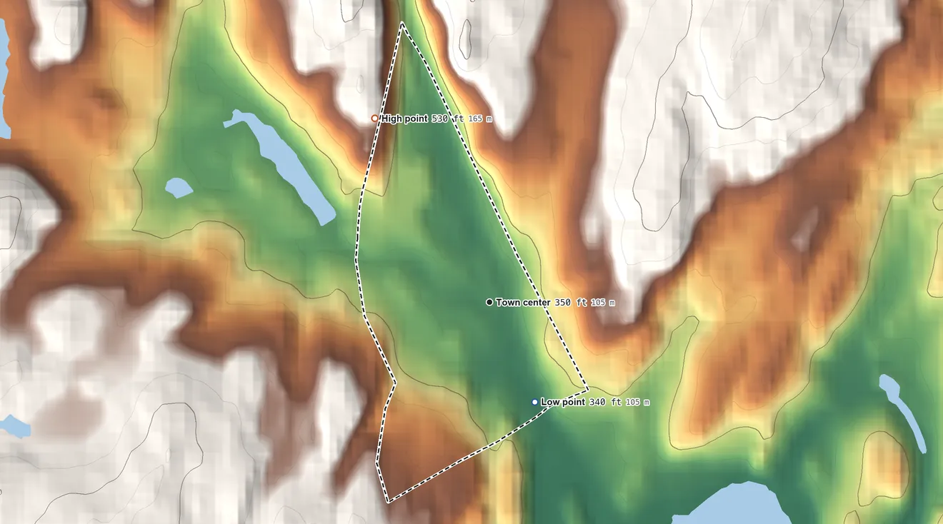 Topographic elevation map of Branchville, Connecticut, shaded from 340 ft on the southeast side to 530 ft on the northwest side