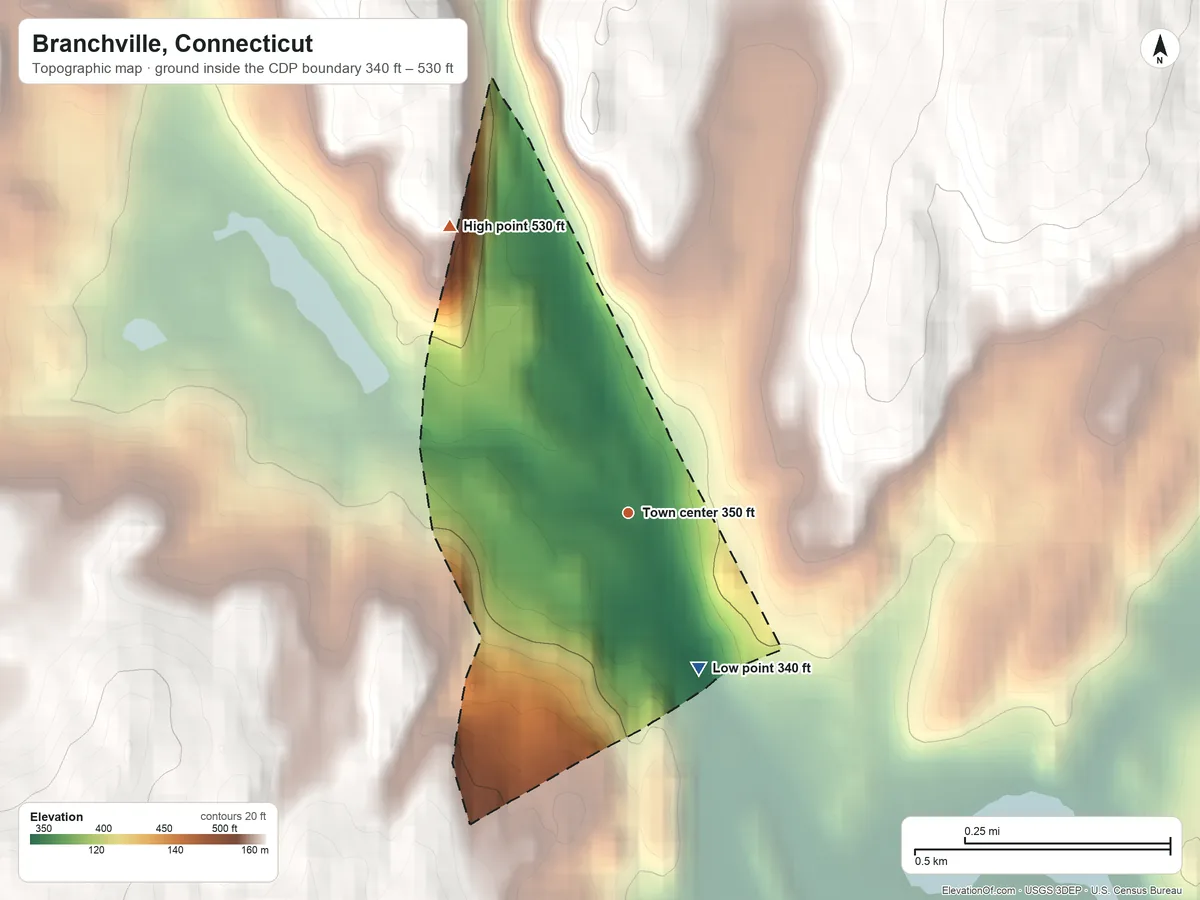 Topographic elevation map of Branchville, Connecticut, shaded from 340 ft on the southeast side to 530 ft on the northwest side