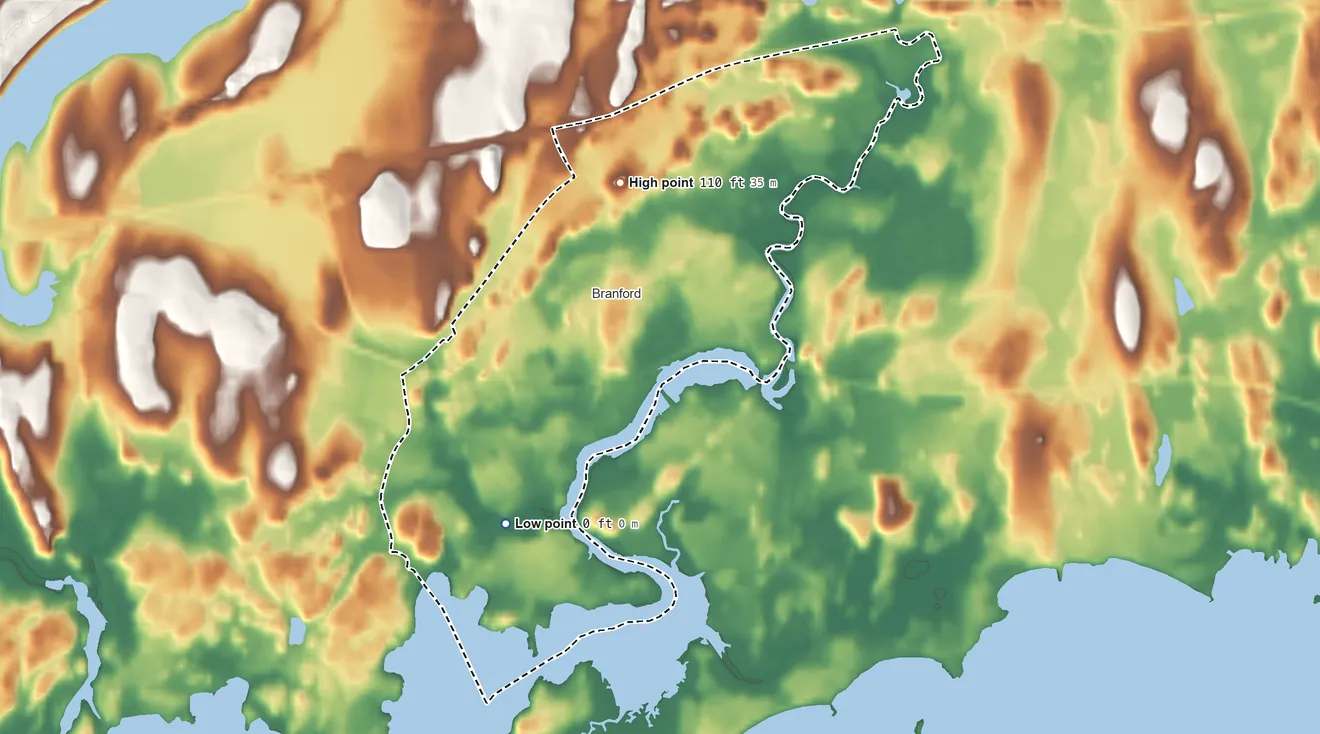 Topographic elevation map of Branford Center, Connecticut, shaded from sea level level on Long Island Sound to 110 ft on the north side