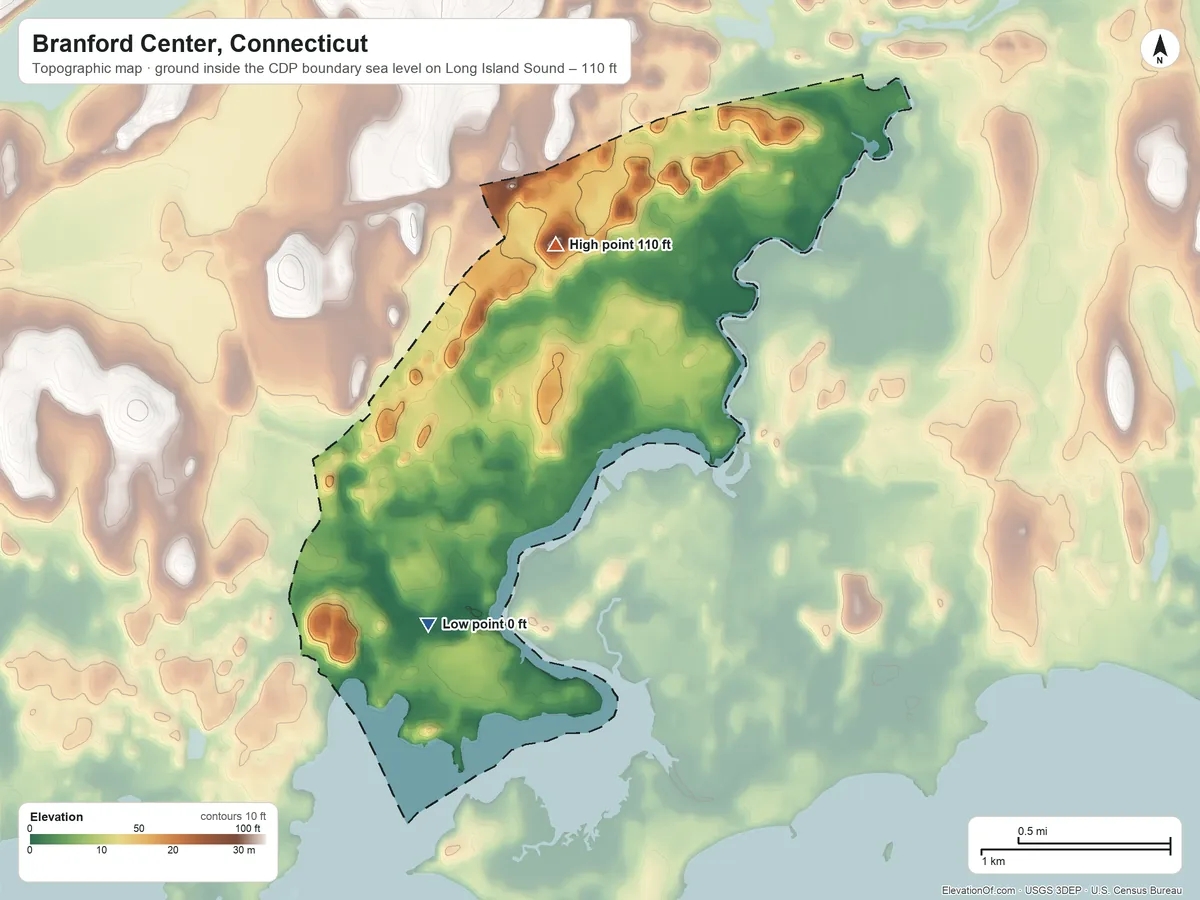 Topographic elevation map of Branford Center, Connecticut, shaded from sea level level on Long Island Sound to 110 ft on the north side