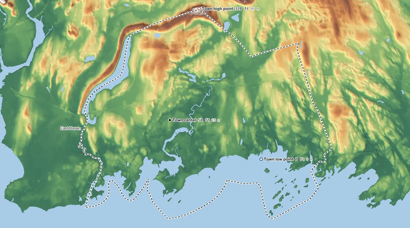 Topographic elevation map of Branford, Connecticut, shaded from sea level level on Long Island Sound to 320 ft on the north side