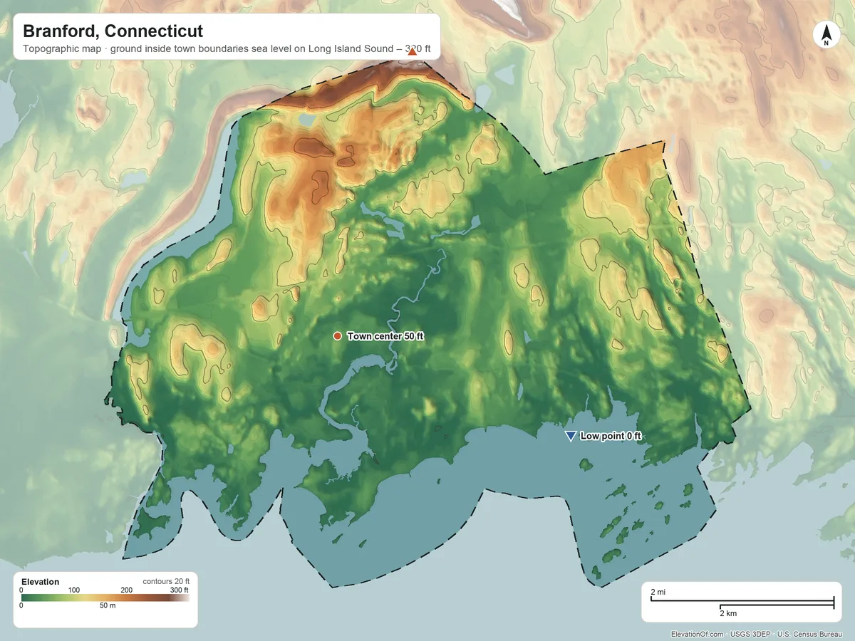 Topographic elevation map of Branford, Connecticut, shaded from sea level level on Long Island Sound to 320 ft on the north side
