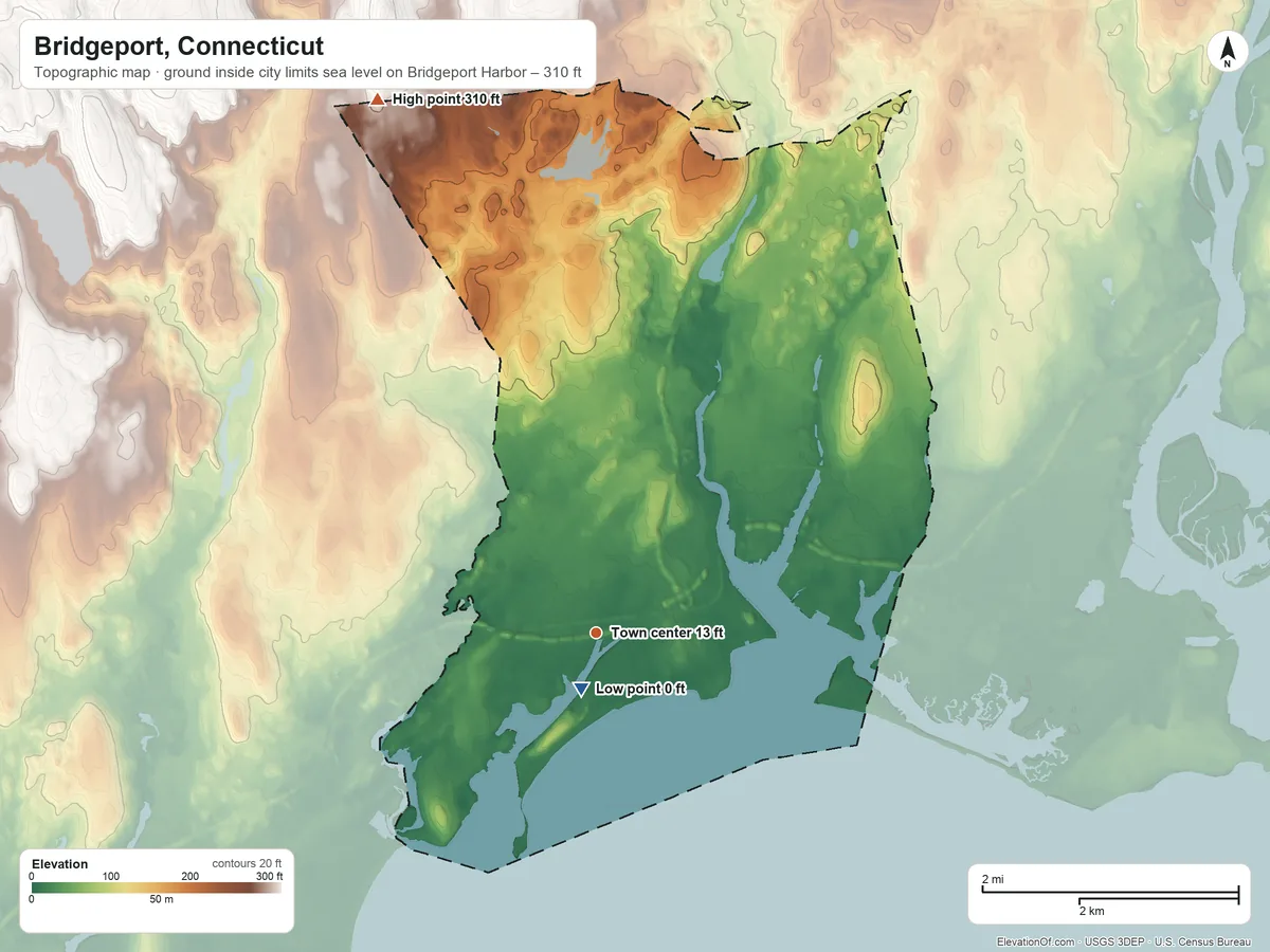 Topographic elevation map of Bridgeport, Connecticut, shaded from sea level level on Bridgeport Harbor to 310 ft on the north side