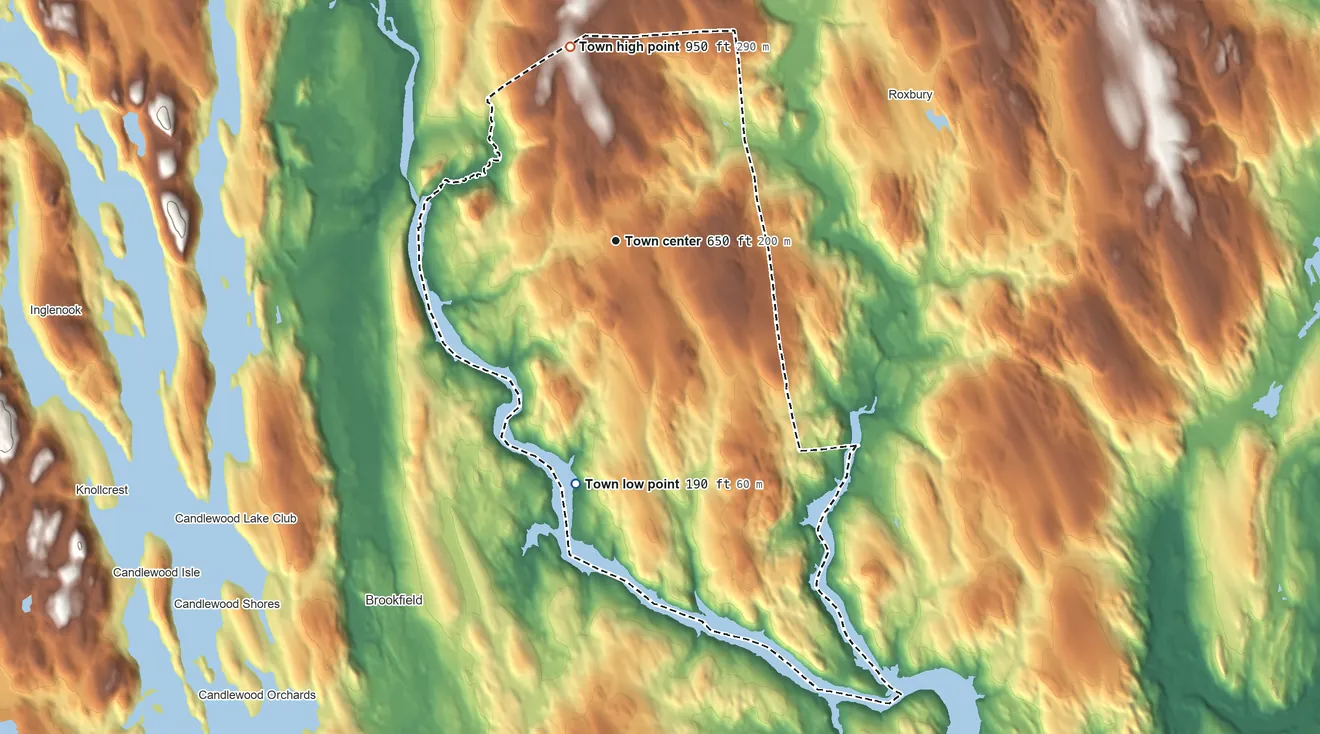 Topographic elevation map of Bridgewater, Connecticut, shaded from 190 ft on the south side to 950 ft on the north side