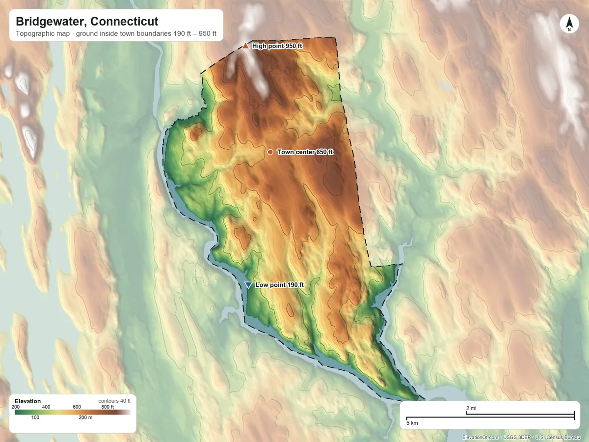 Topographic elevation map of Bridgewater, Connecticut, shaded from 190 ft on the south side to 950 ft on the north side