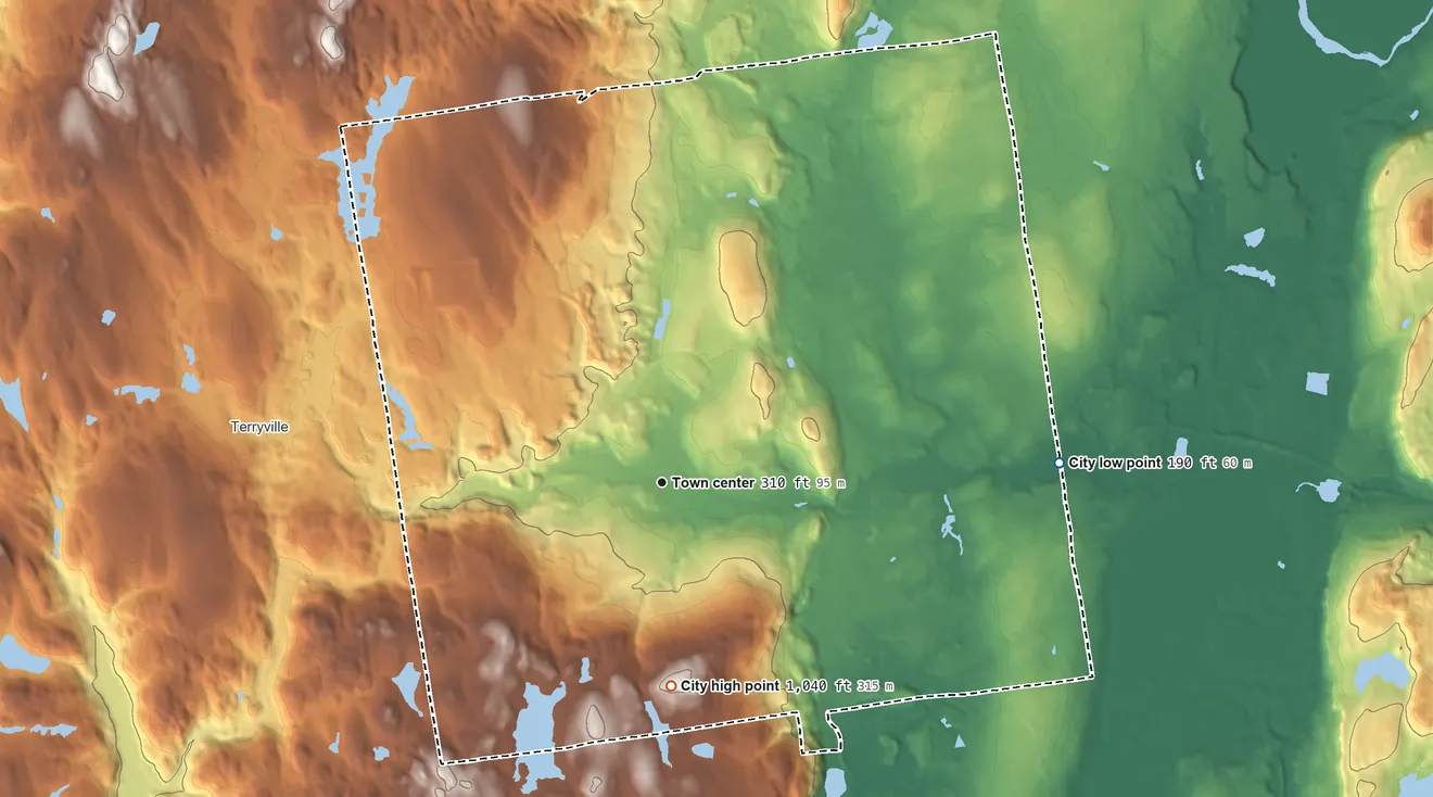 Topographic elevation map of Bristol, Connecticut, shaded from 190 ft on the east side to 1,037 ft on South Mountain