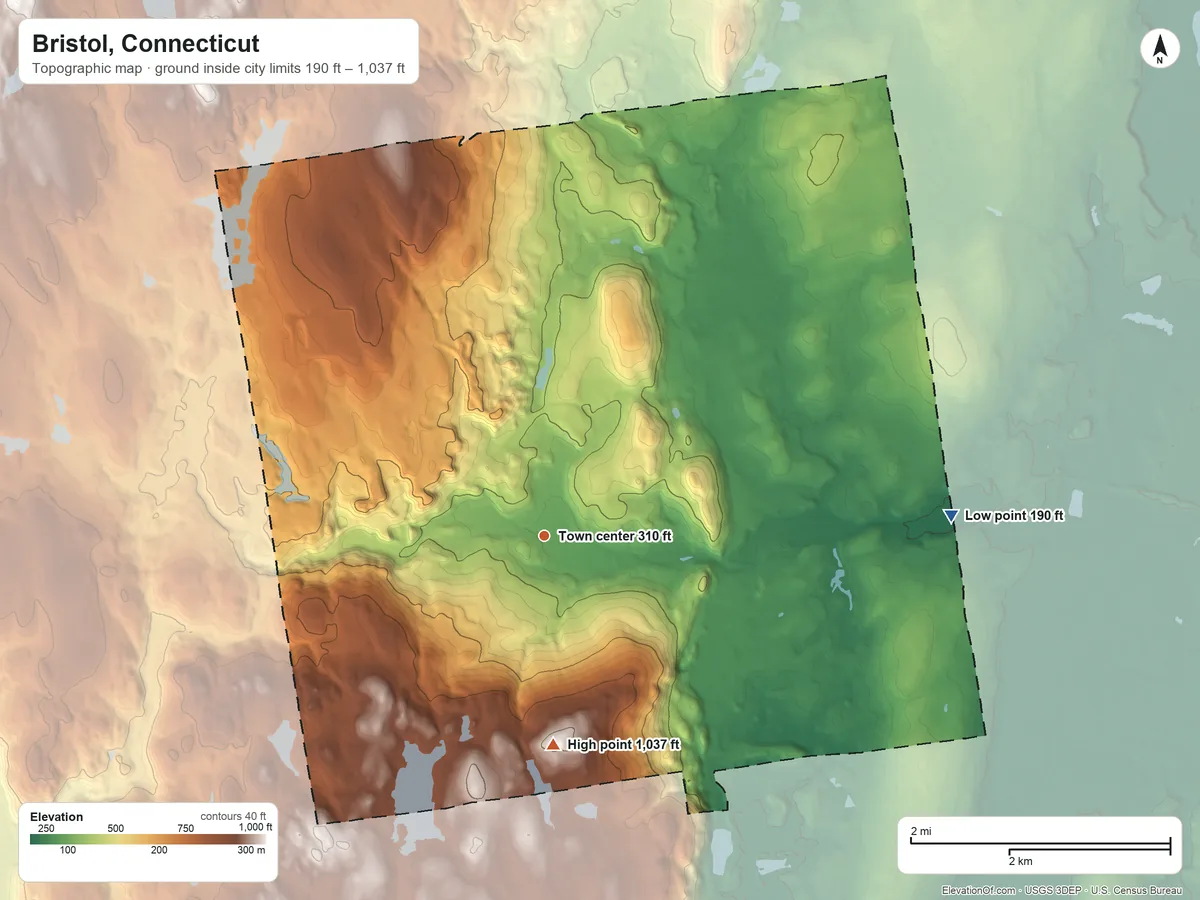 Topographic elevation map of Bristol, Connecticut, shaded from 190 ft on the east side to 1,037 ft on South Mountain