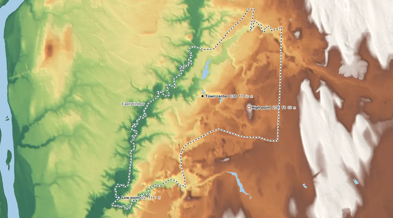 Topographic elevation map of Broad Brook, Connecticut, shaded from 22 ft on the southwest side to 270 ft on the east side