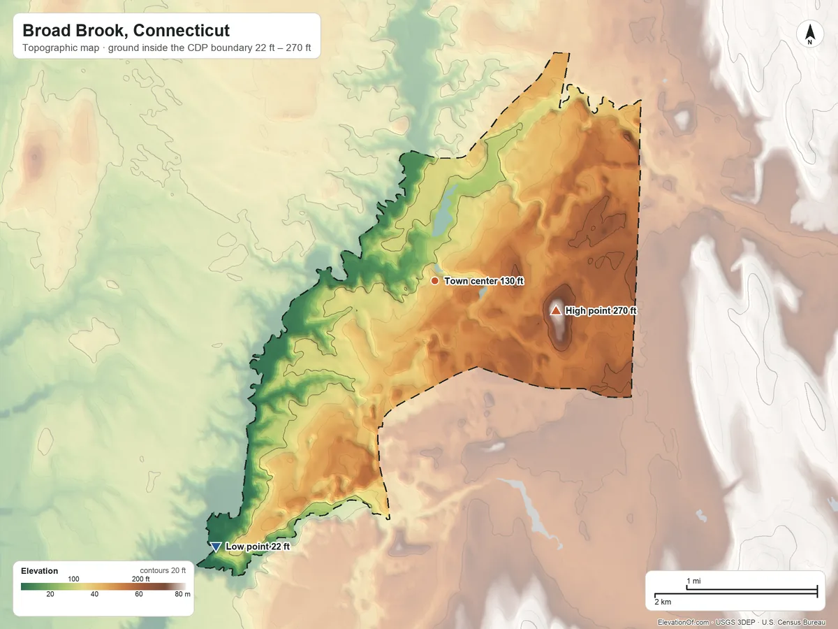 Topographic elevation map of Broad Brook, Connecticut, shaded from 22 ft on the southwest side to 270 ft on the east side