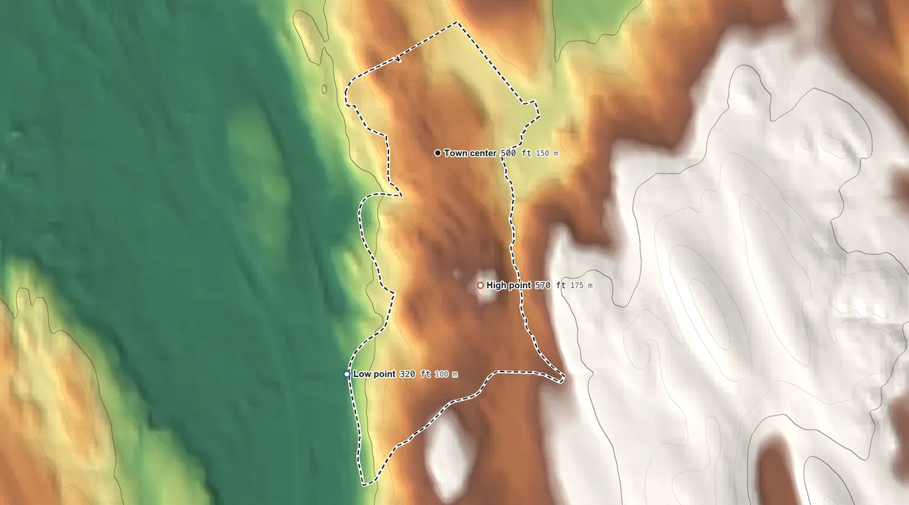 Topographic elevation map of Brookfield Center, Connecticut, shaded from 320 ft on the south side to 570 ft on the south side
