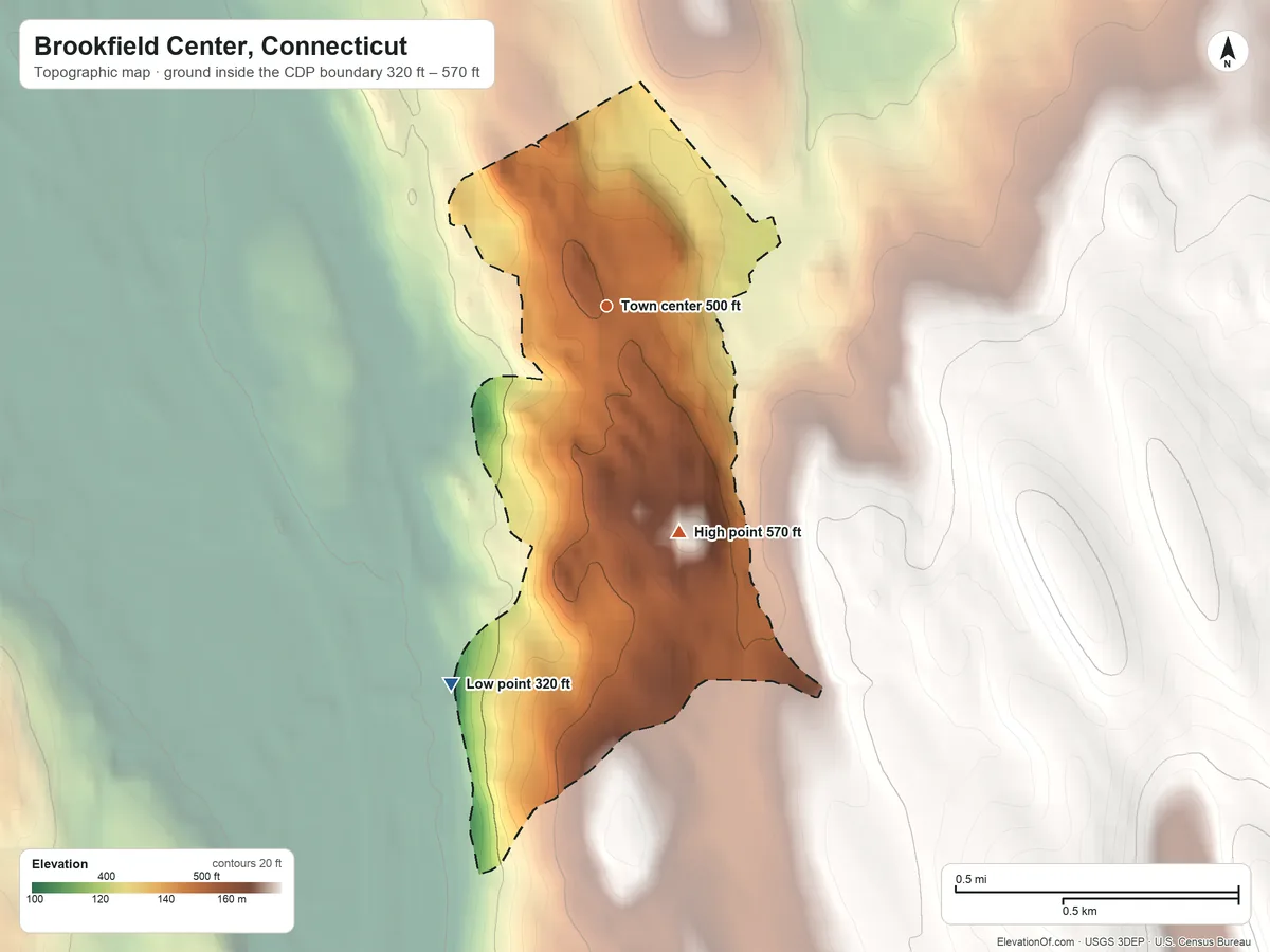 Topographic elevation map of Brookfield Center, Connecticut, shaded from 320 ft on the south side to 570 ft on the south side
