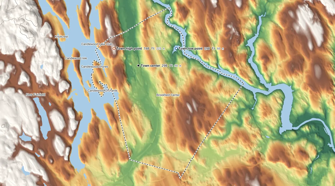 Topographic elevation map of Brookfield, Connecticut, shaded from 190 ft on the northeast side to 740 ft on the northwest side