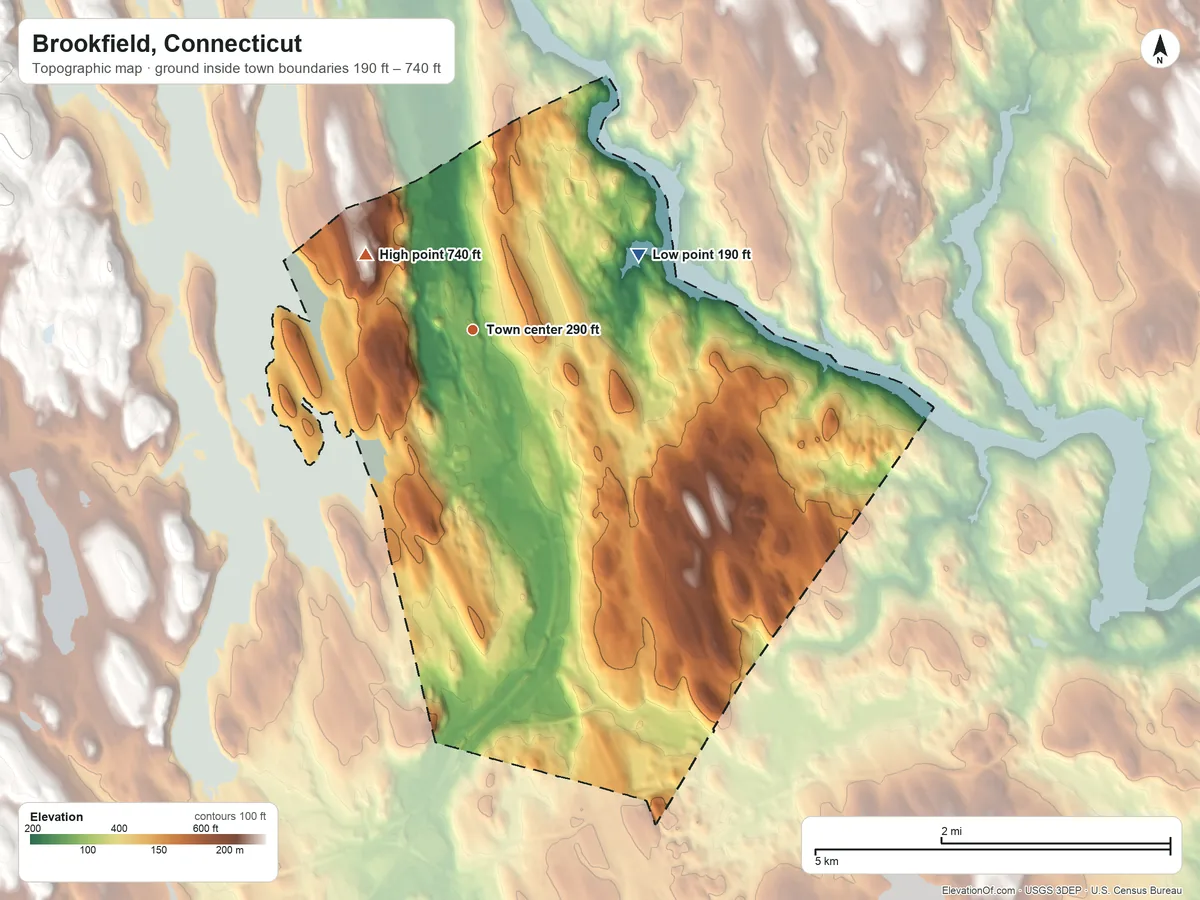 Topographic elevation map of Brookfield, Connecticut, shaded from 190 ft on the northeast side to 740 ft on the northwest side
