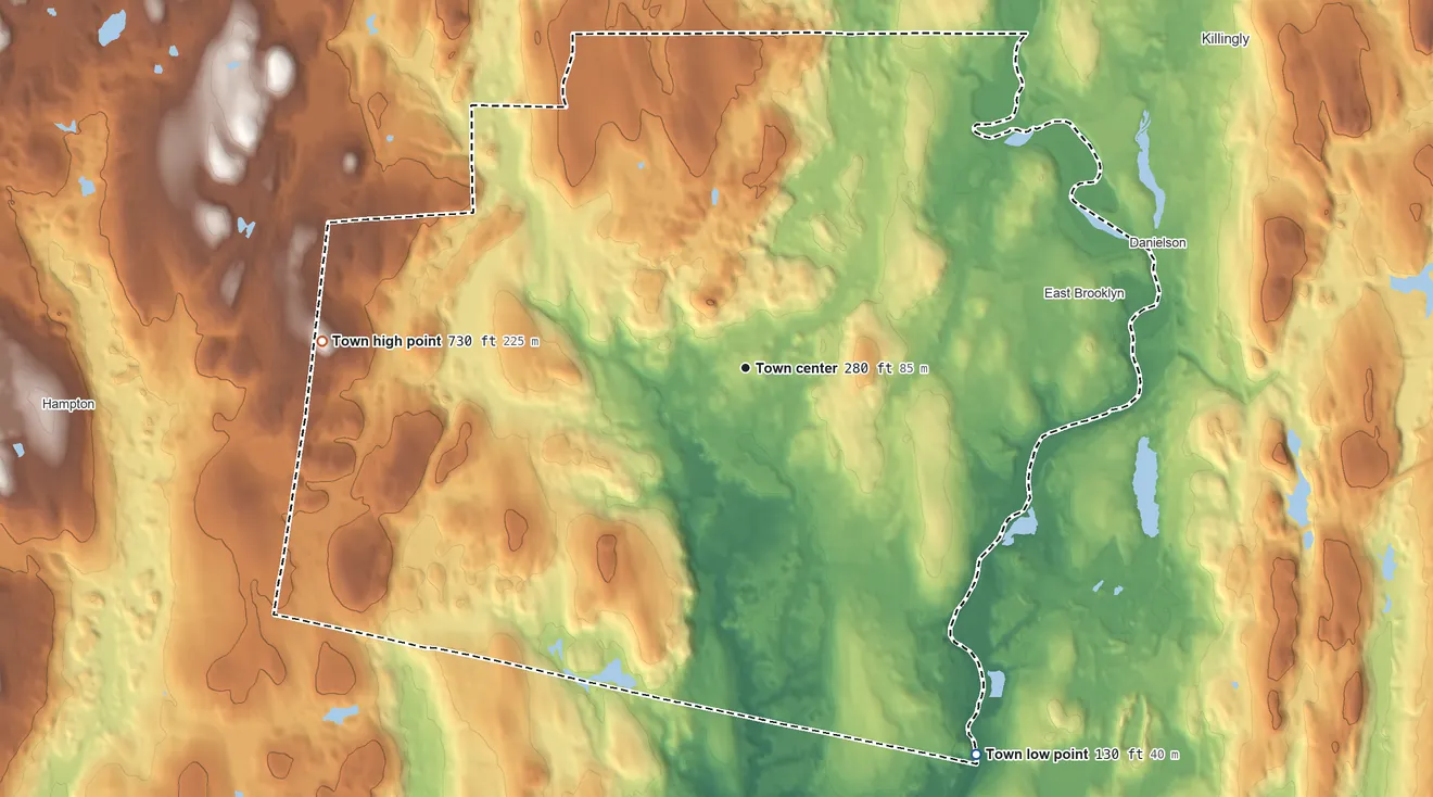 Topographic elevation map of Brooklyn, Connecticut, shaded from 130 ft on the southeast side to 732 ft on Alworth Hill