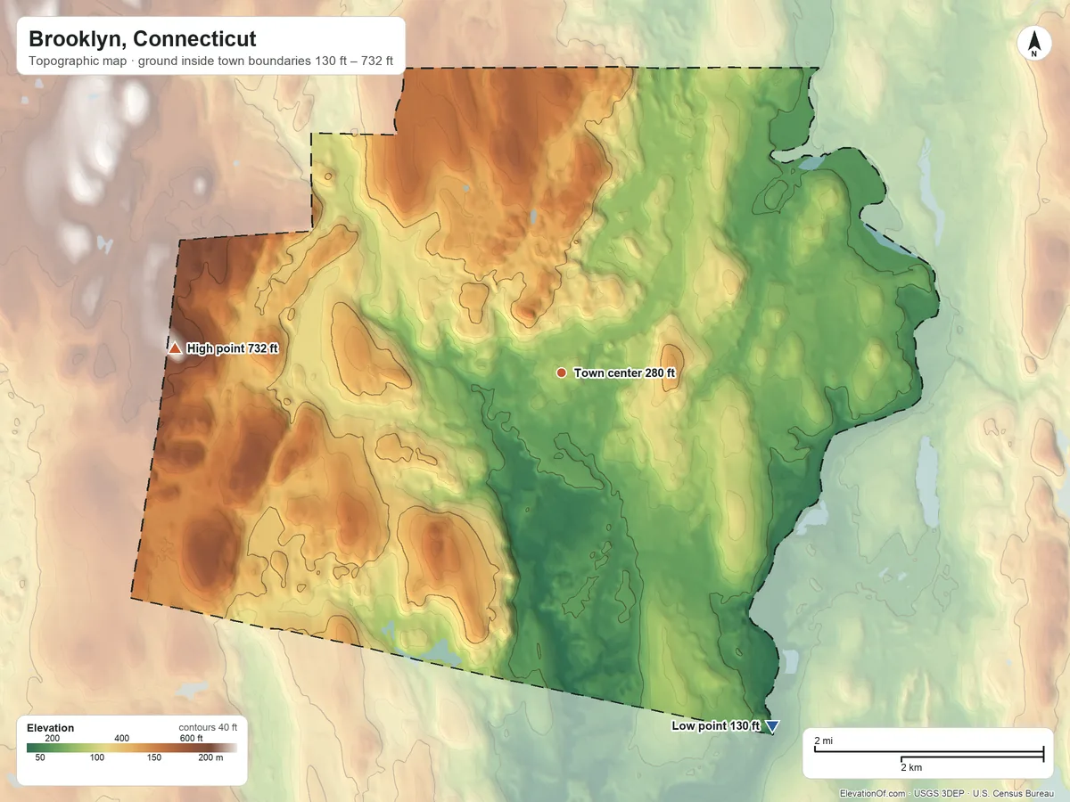 Topographic elevation map of Brooklyn, Connecticut, shaded from 130 ft on the southeast side to 732 ft on Alworth Hill
