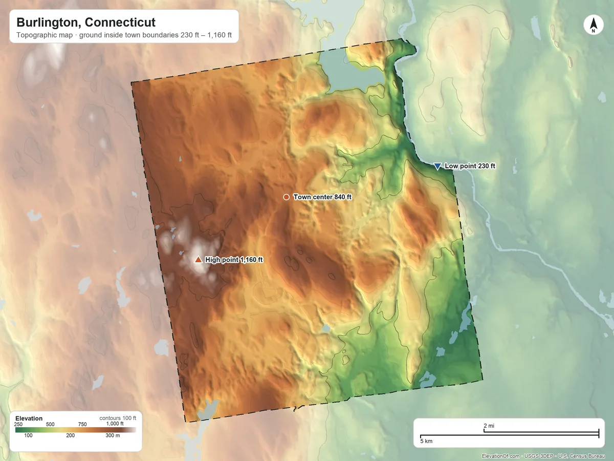 Topographic elevation map of Burlington, Connecticut, shaded from 230 ft on the east side to 1,160 ft on Johnnycake Mountain