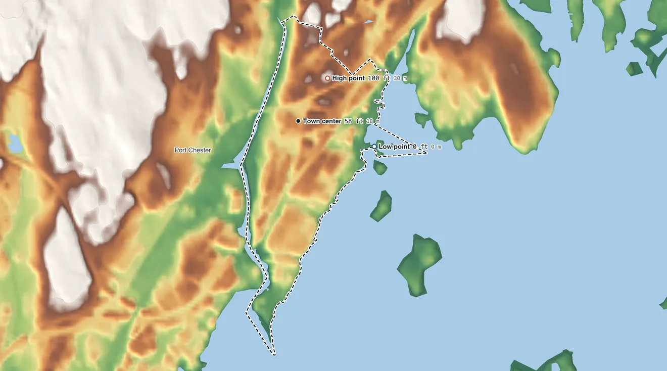 Topographic elevation map of Byram, Connecticut, shaded from sea level level on Byram Harbor to 100 ft on the northeast side