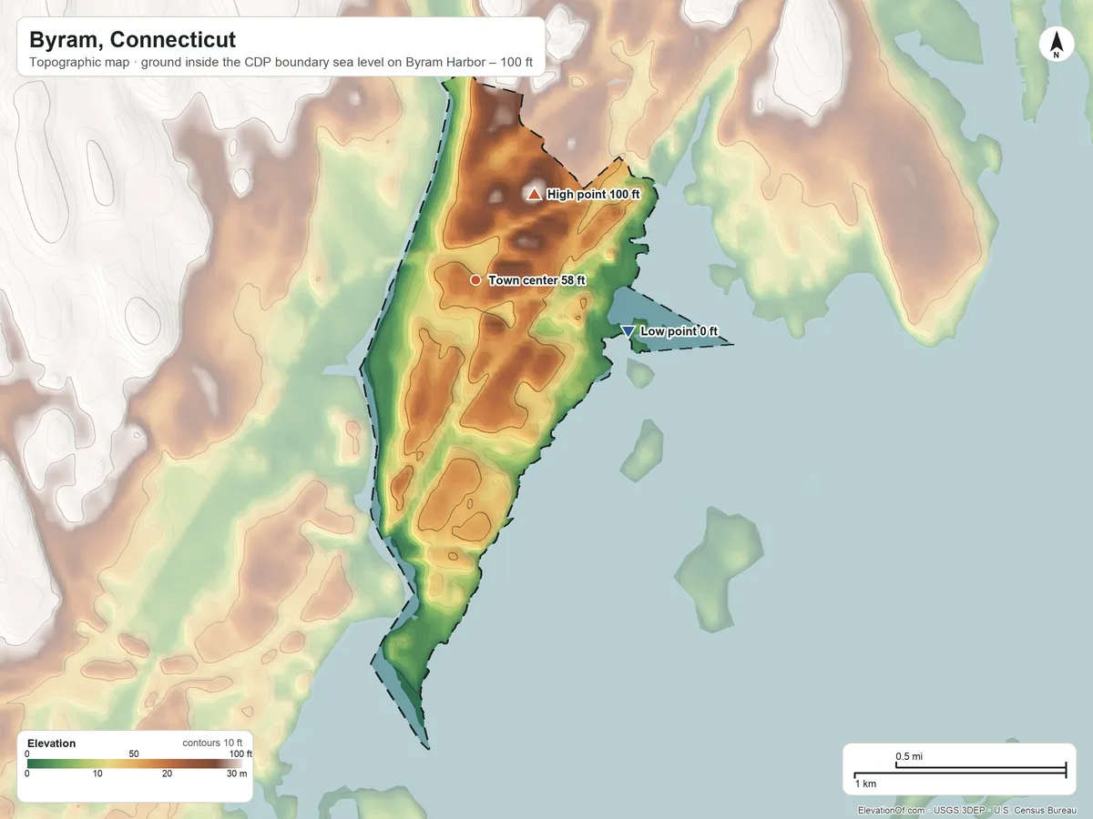 Topographic elevation map of Byram, Connecticut, shaded from sea level level on Byram Harbor to 100 ft on the northeast side