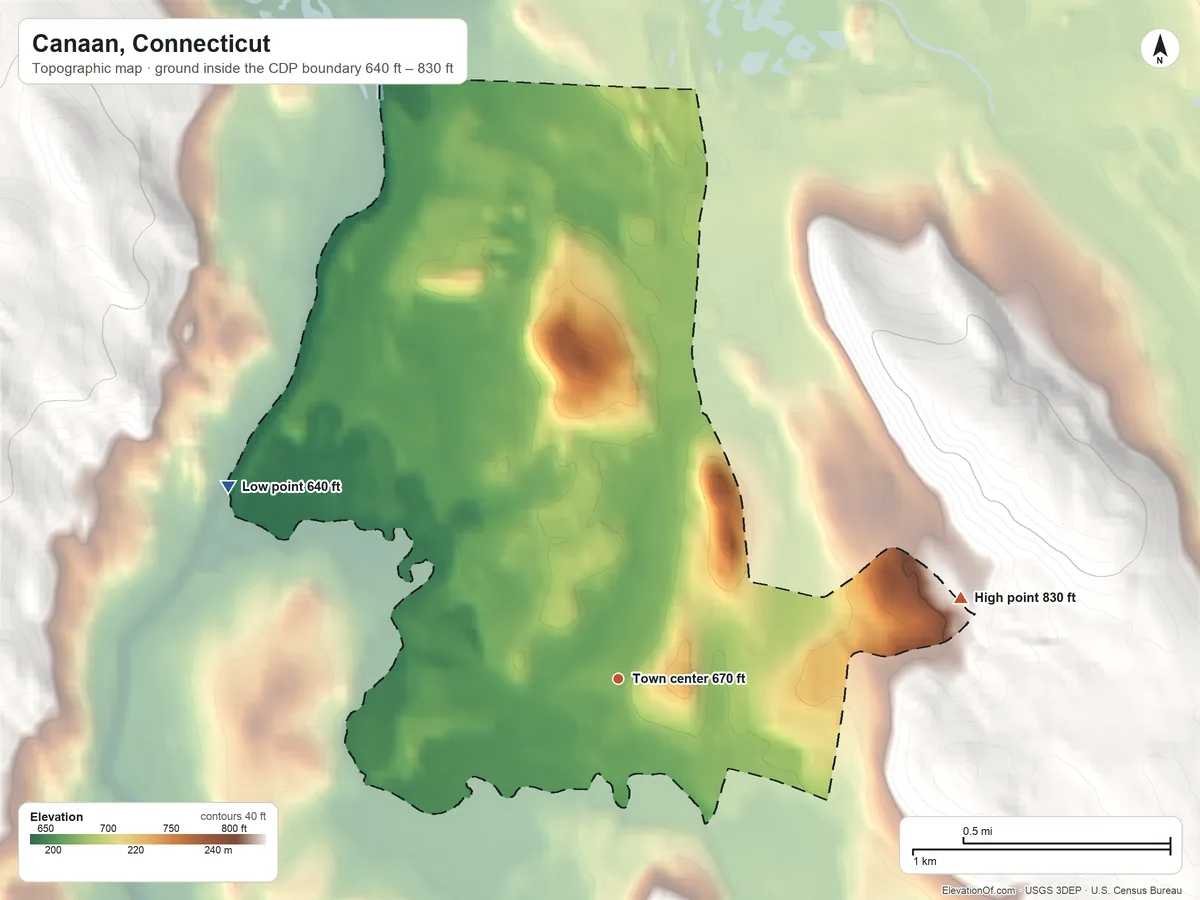 Topographic elevation map of Canaan, Connecticut, shaded from 640 ft on the northwest side to 830 ft on the east edge, below higher ground just outside