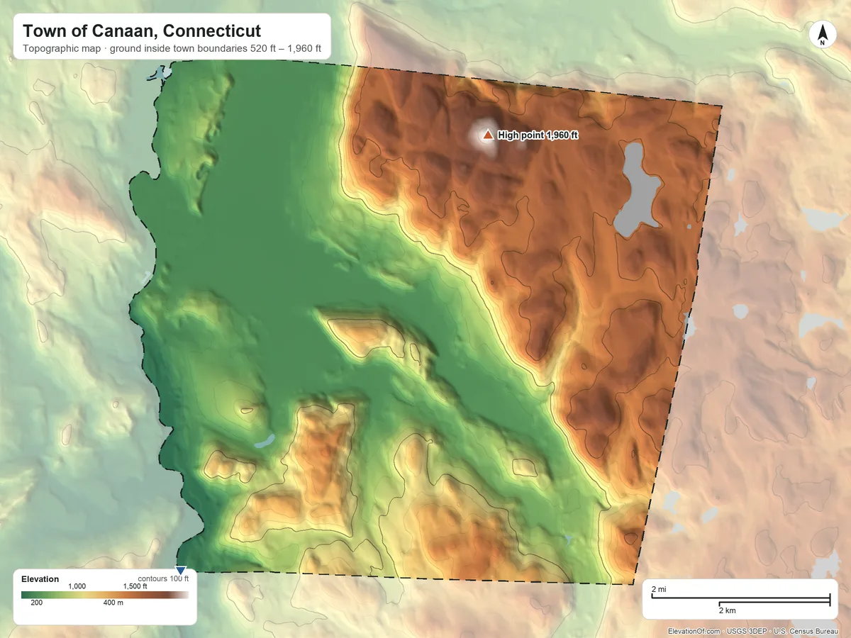 Topographic elevation map of Town of Canaan, Connecticut, shaded from 520 ft on the southwest side to 1,960 ft on Bradford Mountain