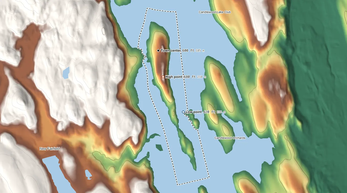 Topographic elevation map of Candlewood Isle, Connecticut, shaded from 420 ft on the south side to 680 ft on the south edge, below higher ground just outside