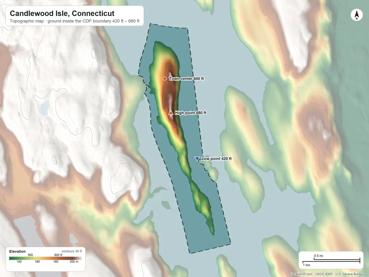 Topographic elevation map of Candlewood Isle, Connecticut, shaded from 420 ft on the south side to 680 ft on the south edge, below higher ground just outside