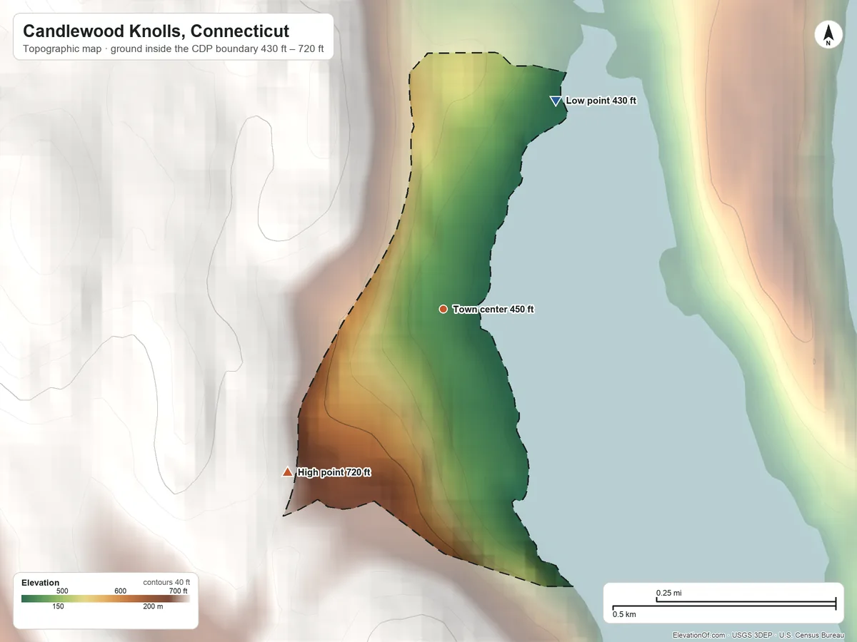 Topographic elevation map of Candlewood Knolls, Connecticut, shaded from 430 ft on the northeast side to 720 ft on the southwest side