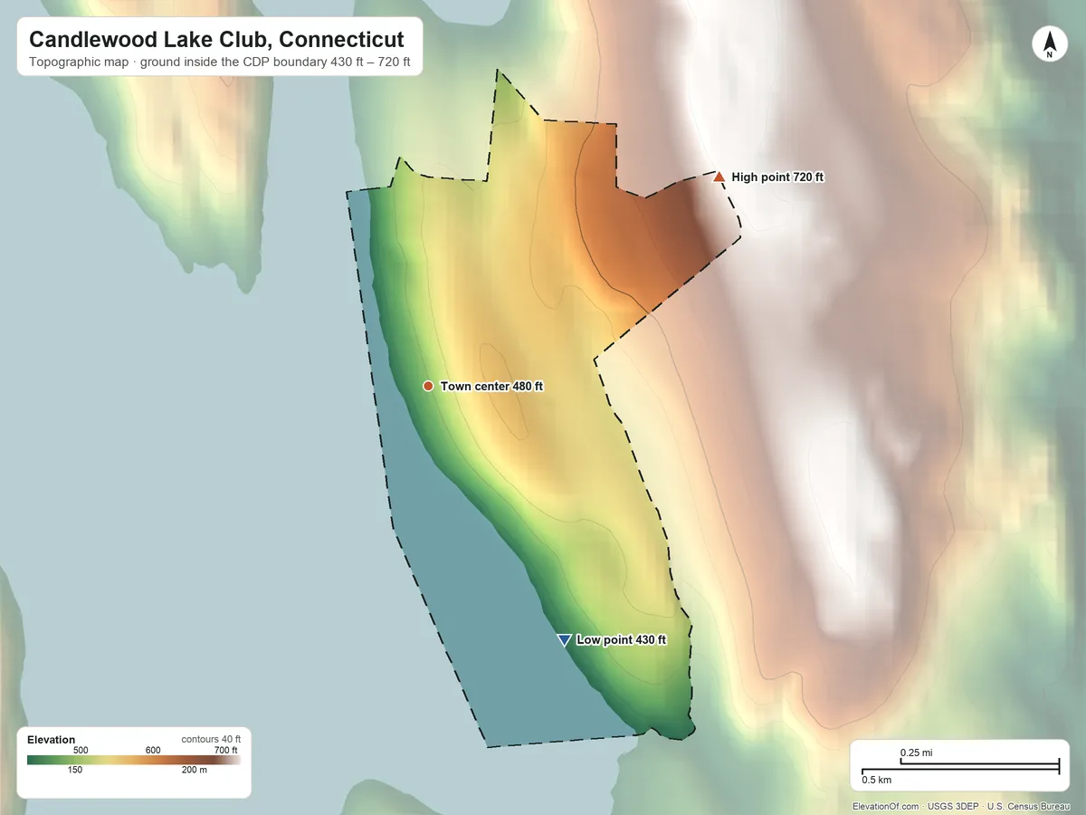 Topographic elevation map of Candlewood Lake Club, Connecticut, shaded from 430 ft on the southeast side to 720 ft on the northeast side