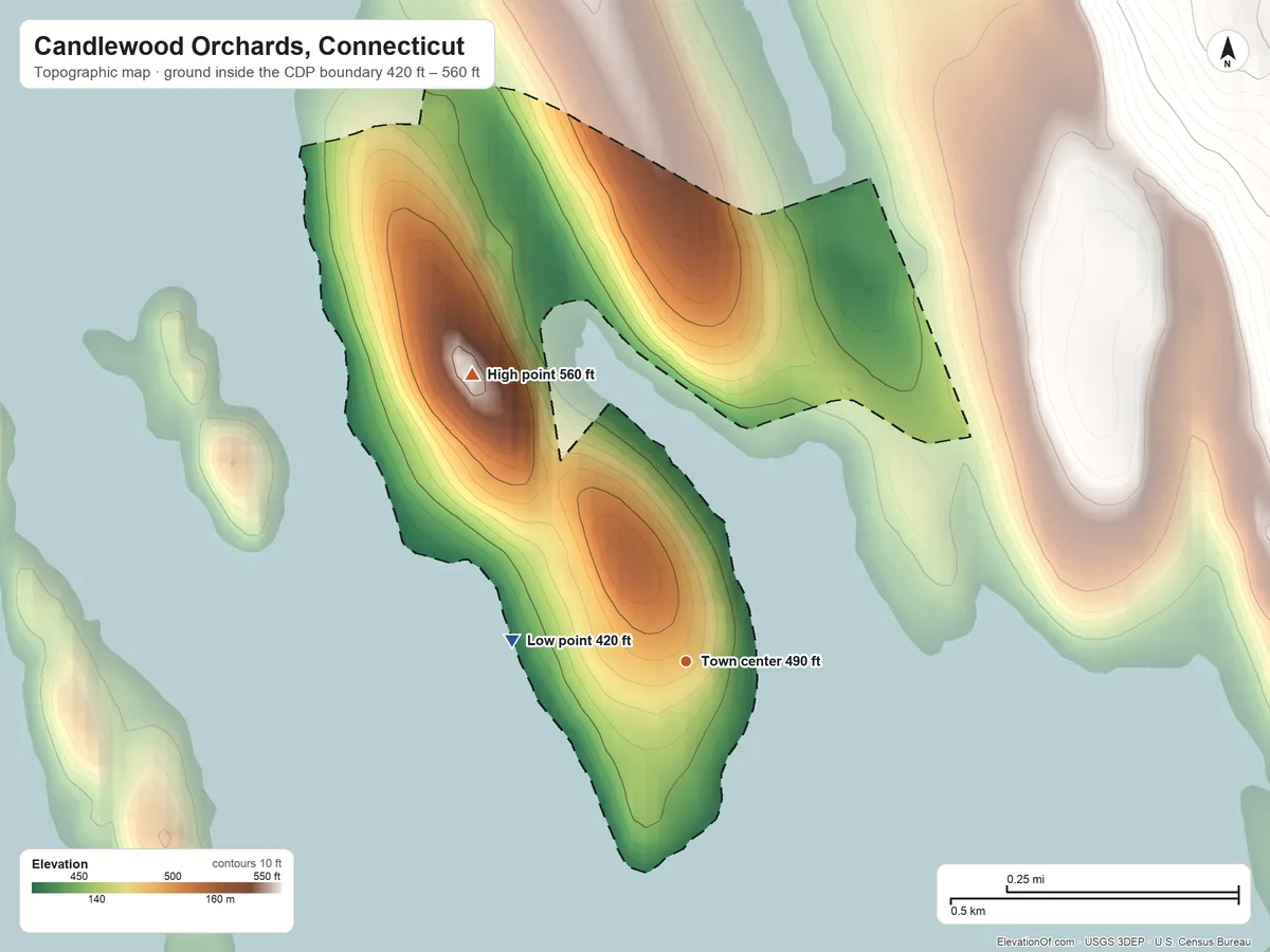 Topographic elevation map of Candlewood Orchards, Connecticut, shaded from 420 ft on the west side to 560 ft on the northwest edge, below higher ground just outside