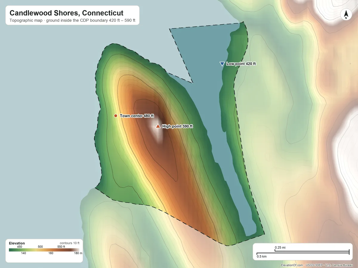 Topographic elevation map of Candlewood Shores, Connecticut, shaded from 420 ft on the northeast side to 590 ft on the east edge, below higher ground just outside