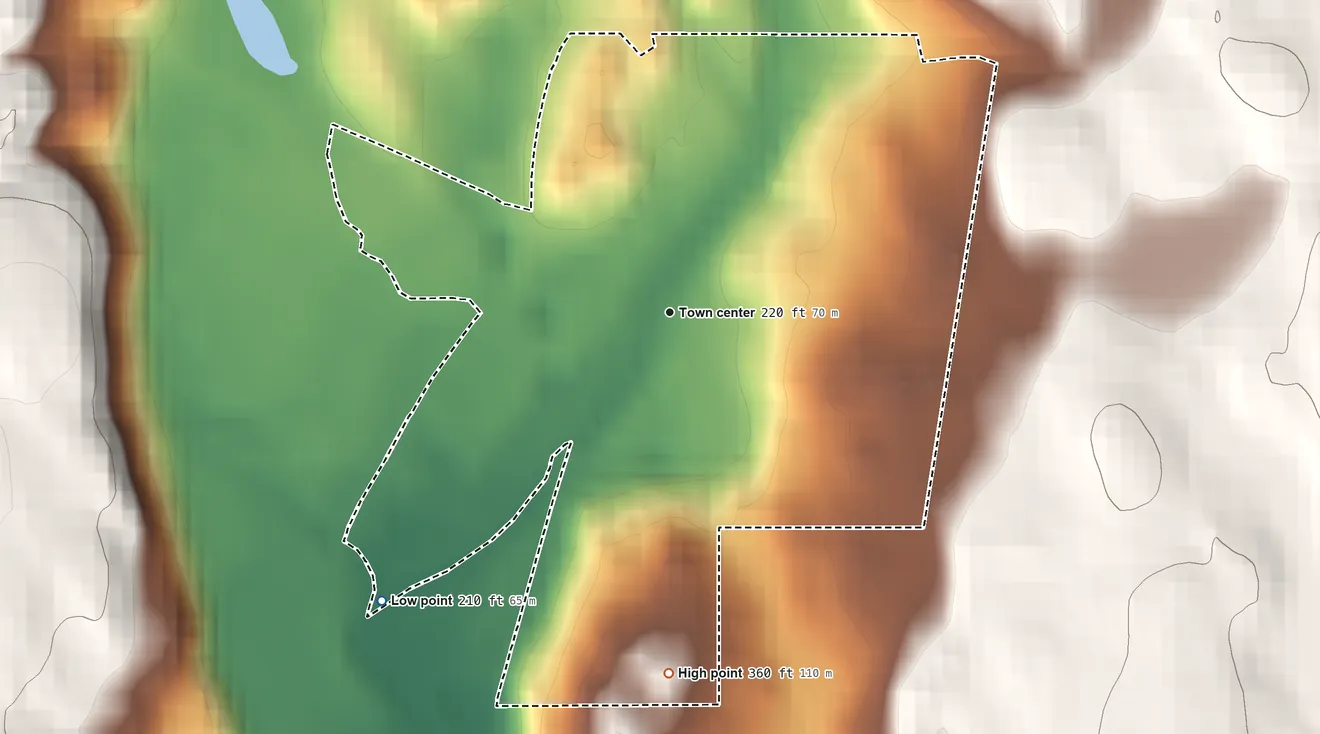 Topographic elevation map of Cannondale, Connecticut, shaded from 210 ft on the southwest side to 360 ft on the south side
