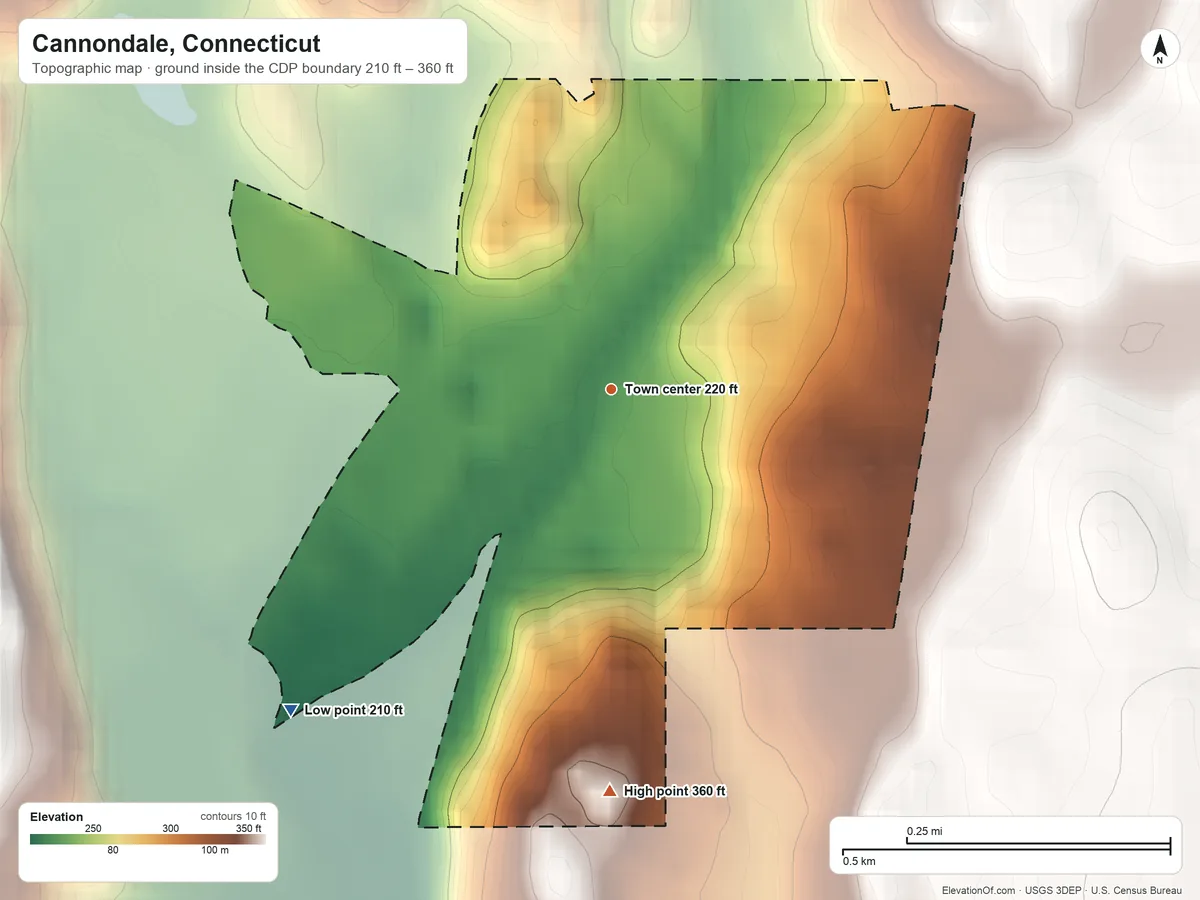 Topographic elevation map of Cannondale, Connecticut, shaded from 210 ft on the southwest side to 360 ft on the south side