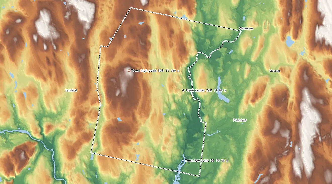 Topographic elevation map of Canterbury, Connecticut, shaded from 96 ft on the south side to 590 ft on Westminster Hill