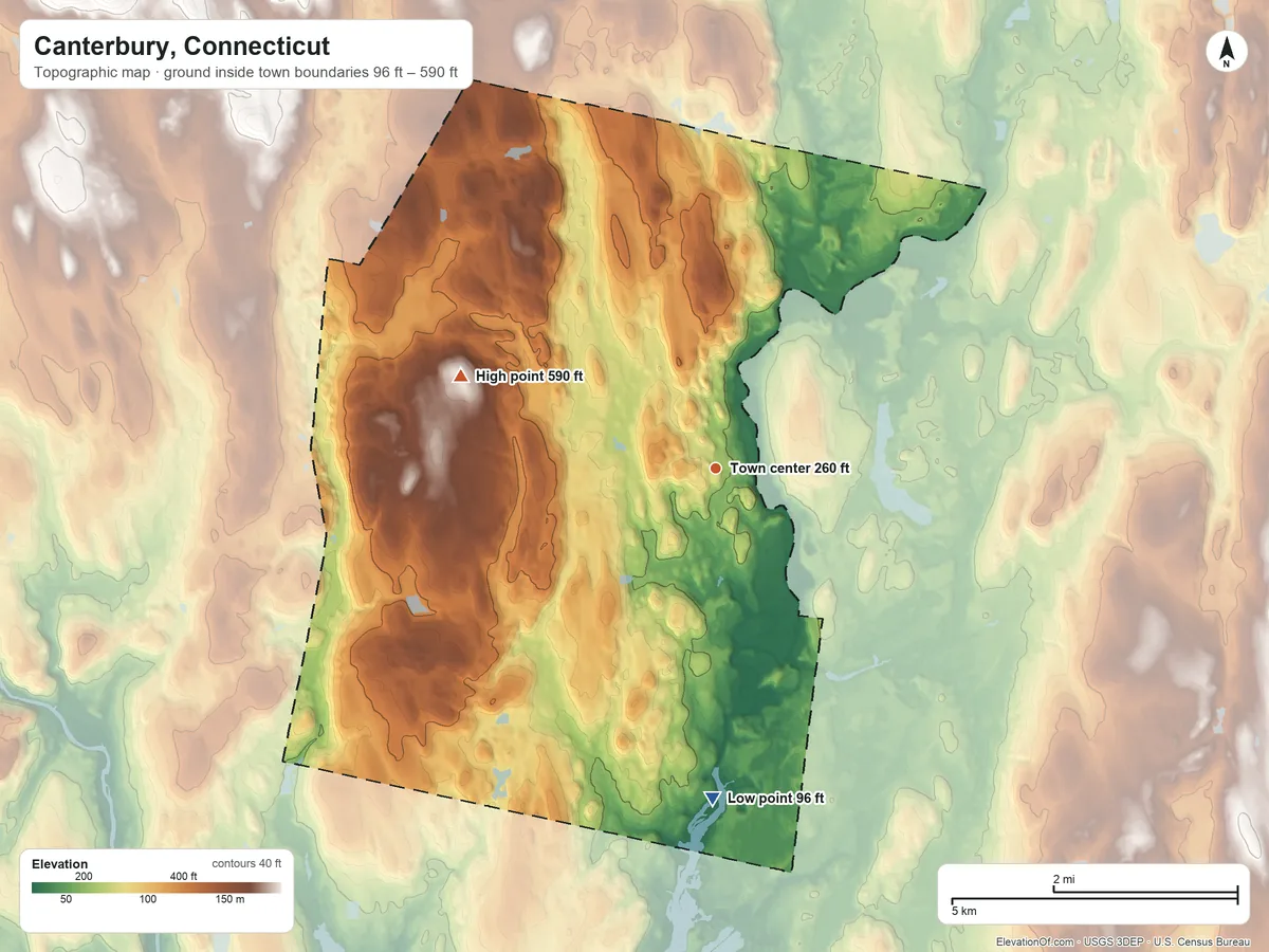 Topographic elevation map of Canterbury, Connecticut, shaded from 96 ft on the south side to 590 ft on Westminster Hill