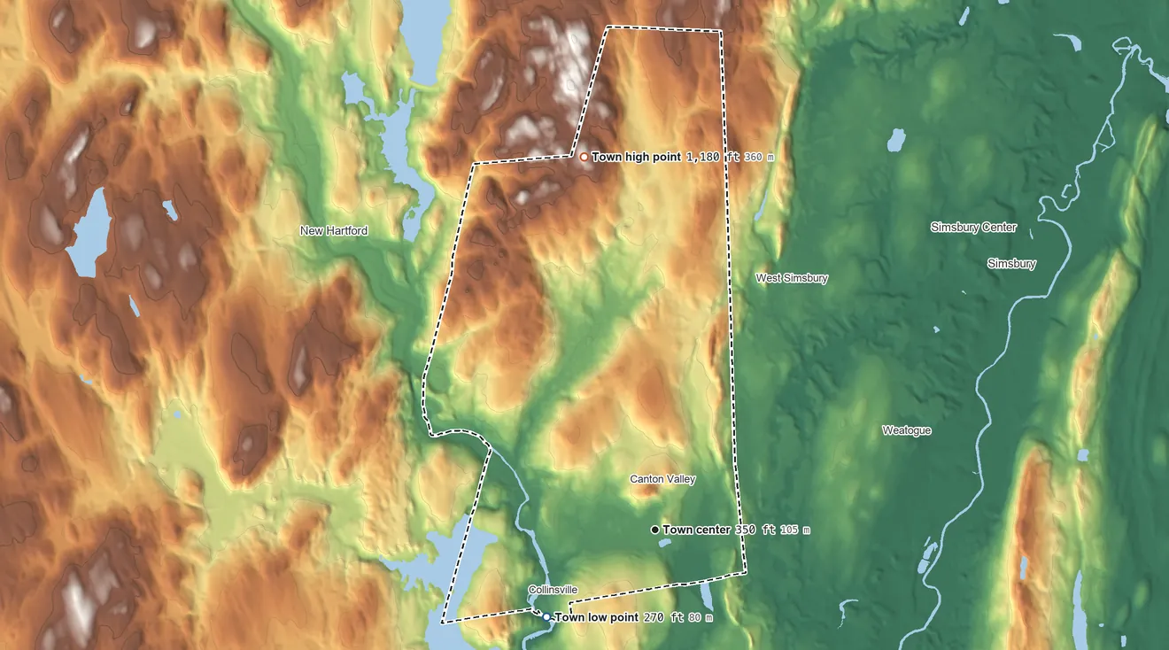 Topographic elevation map of Canton, Connecticut, shaded from 270 ft on the southwest side to 1,180 ft on the north side
