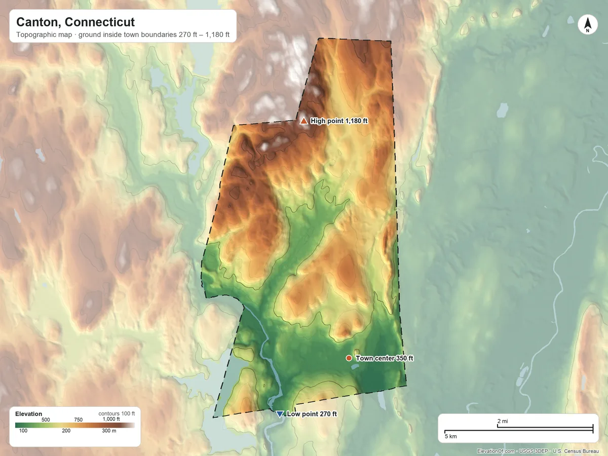 Topographic elevation map of Canton, Connecticut, shaded from 270 ft on the southwest side to 1,180 ft on the north side