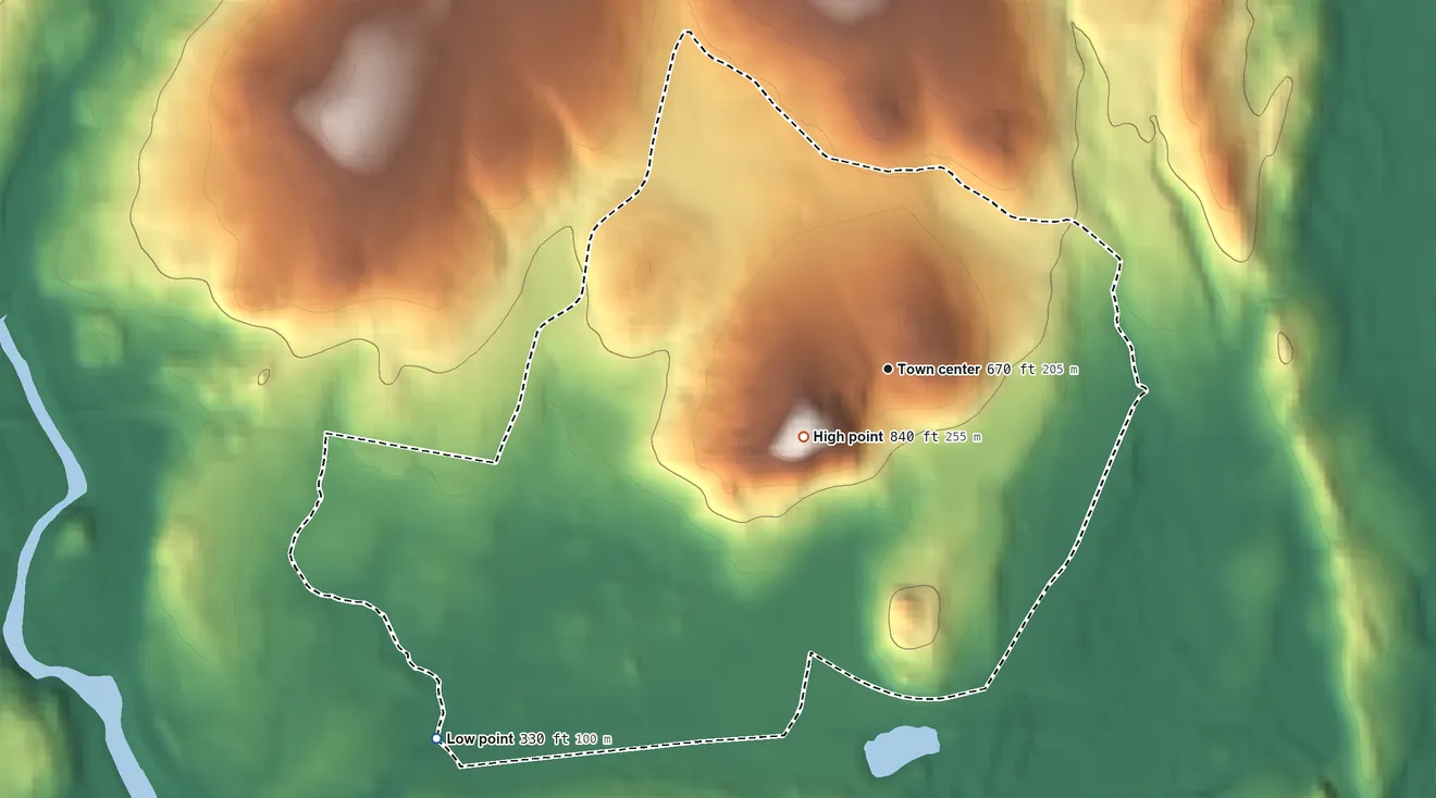 Topographic elevation map of Canton Valley, Connecticut, shaded from 330 ft on the southwest side to 839 ft on Mount Horr