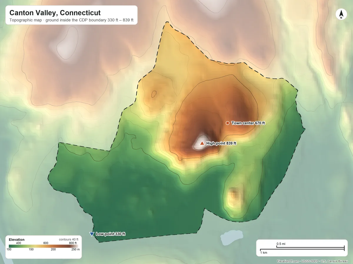 Topographic elevation map of Canton Valley, Connecticut, shaded from 330 ft on the southwest side to 839 ft on Mount Horr