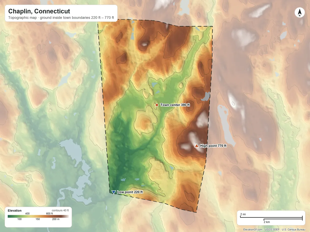 Topographic elevation map of Chaplin, Connecticut, shaded from 220 ft on the southwest side to 770 ft on Clark Hill