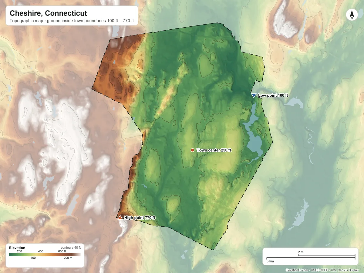 Topographic elevation map of Cheshire, Connecticut, shaded from 100 ft on the northeast side to 770 ft on the southwest side
