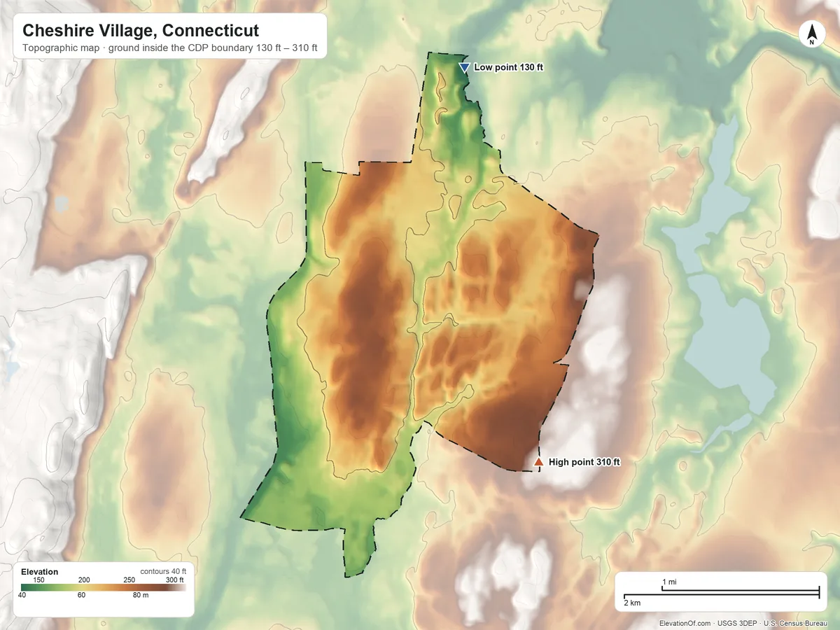 Topographic elevation map of Cheshire Village, Connecticut, shaded from 130 ft on the north side to 310 ft on the southeast side