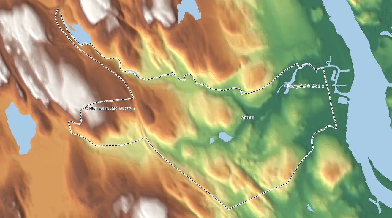 Topographic elevation map of Chester Center, Connecticut, shaded from 0 ft on the northeast side to 420 ft on the west side